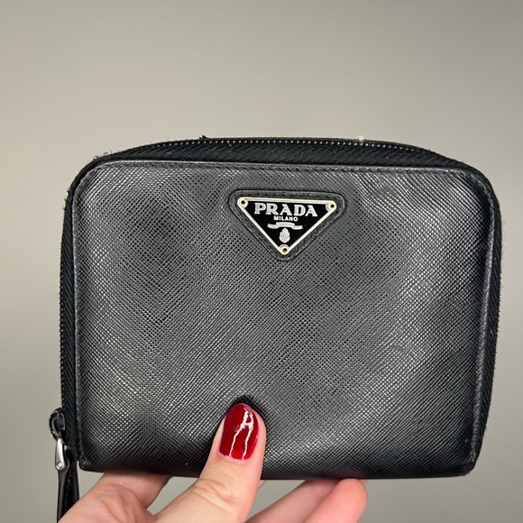 Prada Black Saffiano Leather Triangle Compact Zip Around Wallet - Picture 1 of 7
